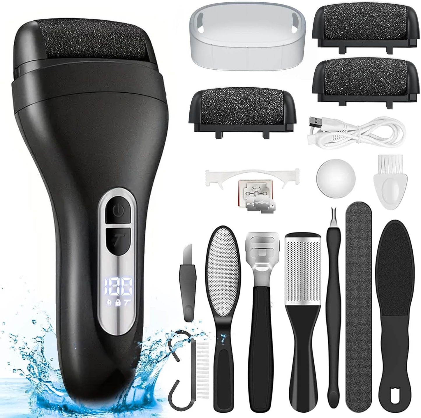 Electric Callus Remover - Rechargeable Waterproof Foot File with Larger Grinding Head | Portable Pedicure Kit - Black