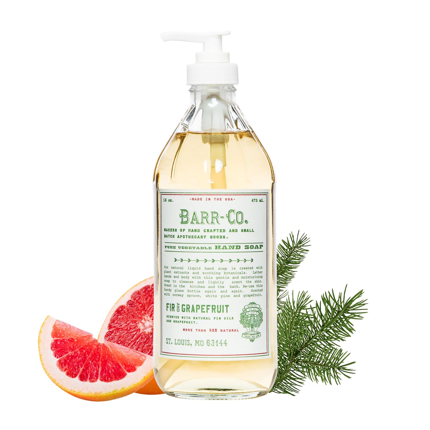 BARR-CO. Natural Hand Soap, Vegan Liquid Soap for Bathroom & Kitchen, Moisturizing Fir & Grapefruit 16 fl oz