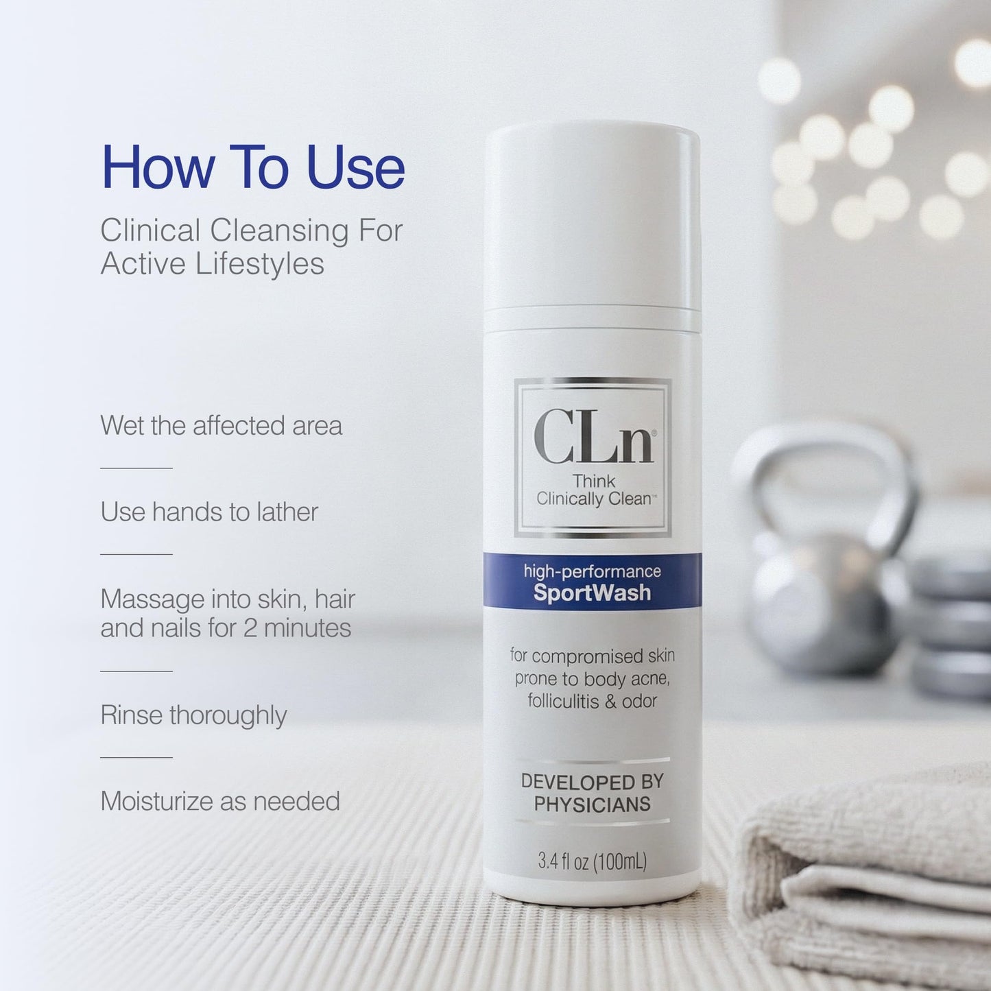 CLn® SportWash – High-Performance Sport Body Wash, For Men & Women Prone to Body Odor, Foot Odor, Ringworm, Folliculitis, & Back Acne, Fragrance-Free & Paraben-Free, 3.4 fl. oz.