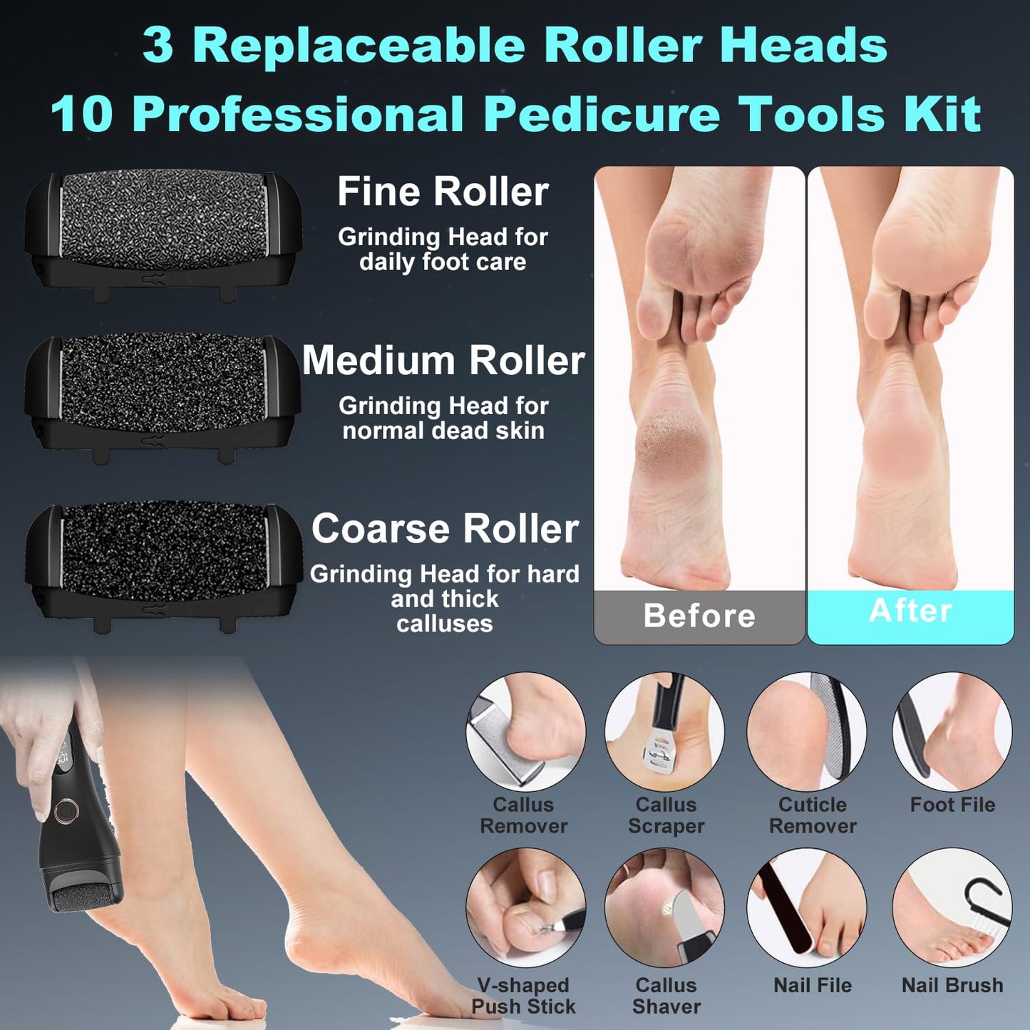 Callus Remover for Feet, 3 Speed Electric Foot Scrubber with Larger Grinder&LCD Display, Wet&Dry Using Foot File Professional Pedicure Tools, Foot SPA to Remove Callus Cracked&Hard Dead Skin (White)