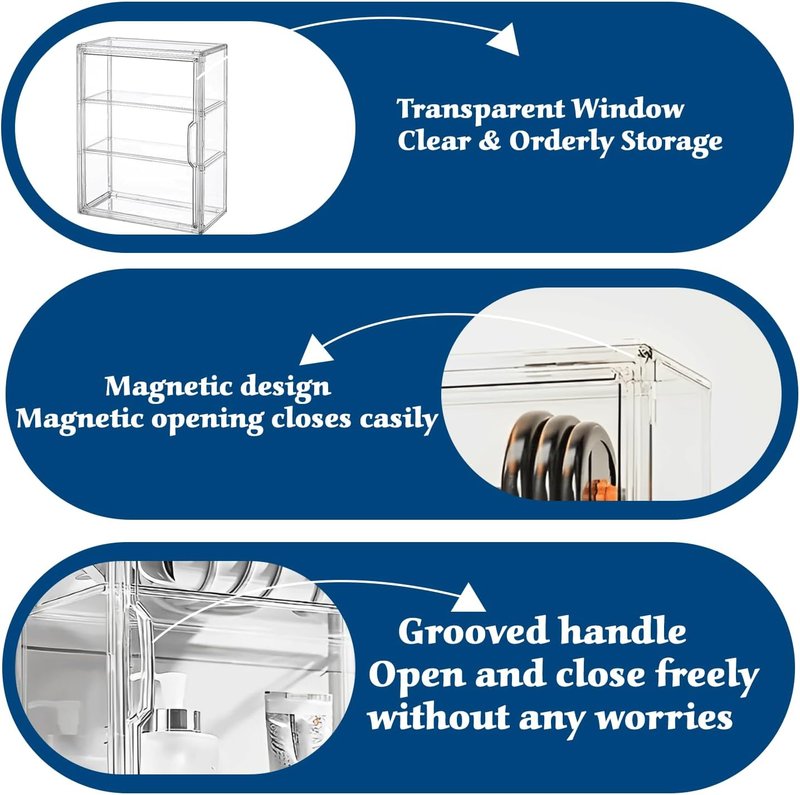 Acrylic Display Case - 2 Pack with Magnetic Door & Adjustable Dividers | Stackable 3-Tier Organizers