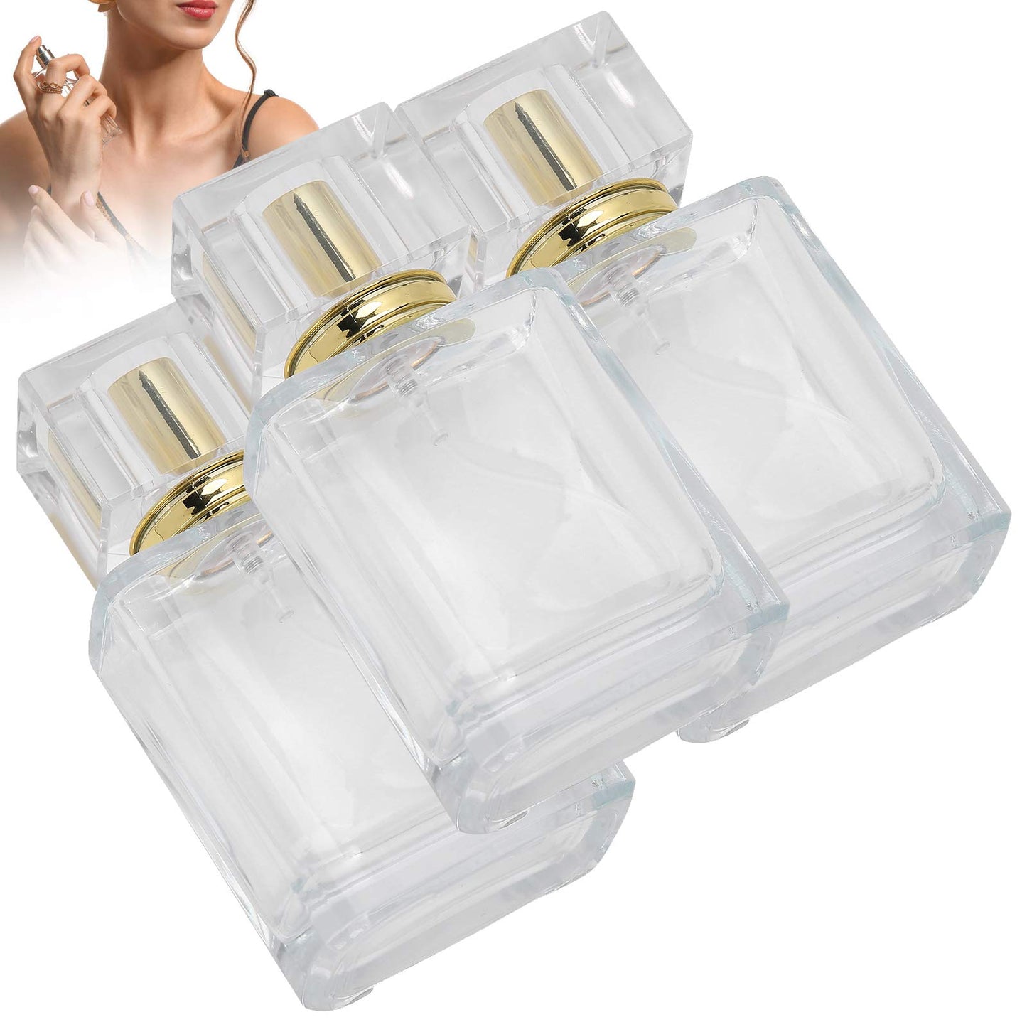 Yinhing Glass Refillable Perfume Bottle, 50ml Refillable Perfume Bottle, Transparent Glass Spray Liquid Empty Atomizer Container (Gold)