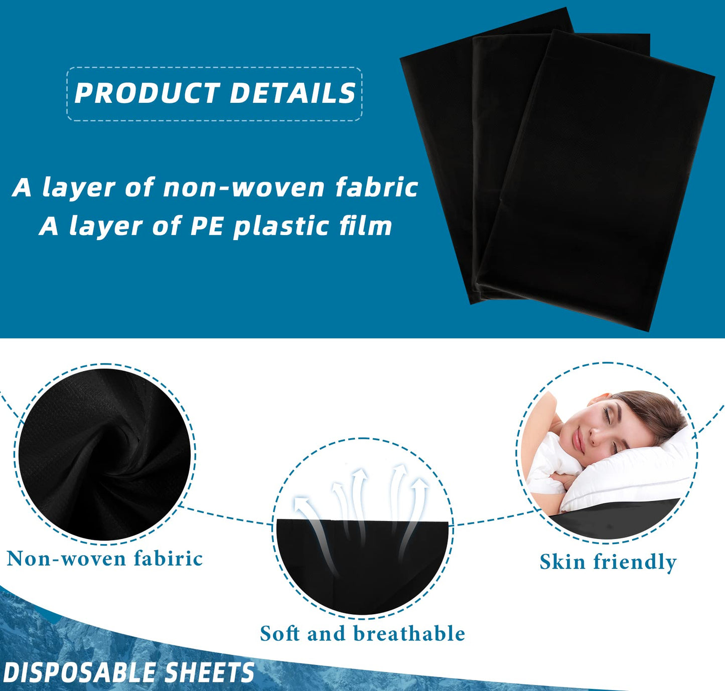 Tatuo 50 Pieces 31 x 70 Inches Disposable Bed Sheets Waterproof Bed Cover Massage Table Sheet Non-woven Fabric for Spa, Lash, Beauty Salon, Waxing, Hotels(Black)