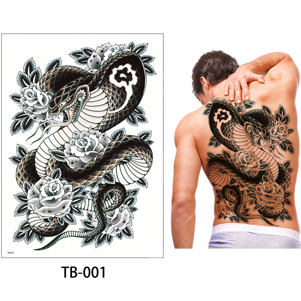 Glaryyears Super Big Full Back Covered Temporary Tattoos, 3 Pack Large Fake Realistic Tattoo Stickers for Adults Men Women, Scary Fierce Tiger Snake Serpent Design