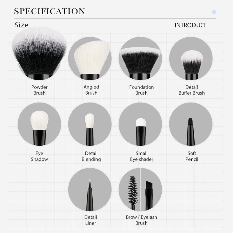 Jessup 10-Piece Black Makeup Brush Set | Eye Brushes Included, Premium Quality