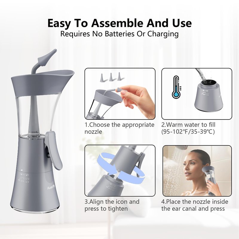 Manual Ear Wax Removal Kit - One-Hand Control Ear Cleaner Tool, Easy to Use Ear Irrigation Flushing System with Soft Silicone Tip for Effective & Safe to Clean Ear Built Up Wax Home Use(Gray)