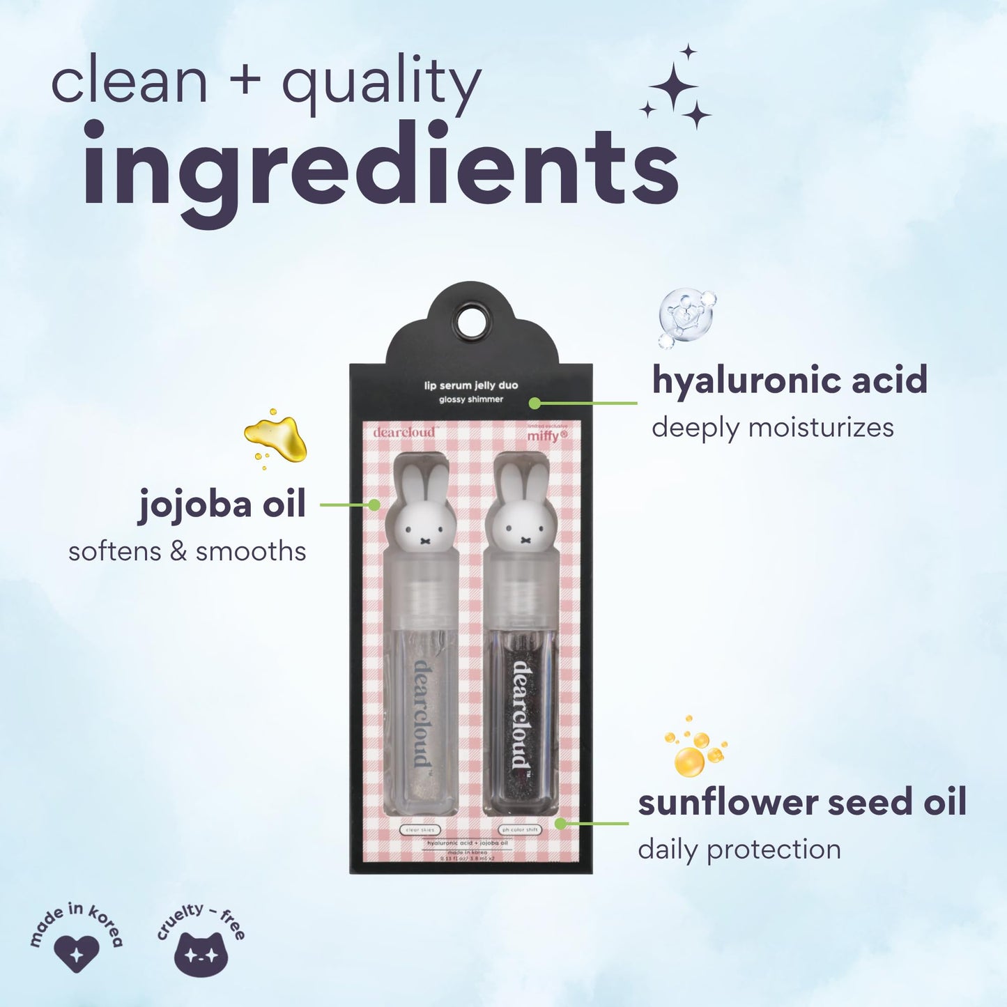 dearcloud Miffy Lip Serum Jelly Duo - Hydrating Lip Gloss for Women with Hyaluronic Acid, Rosehip & Jojoba Seed Oils- Korean Skin Care pH Color Changing Lip Gloss Set