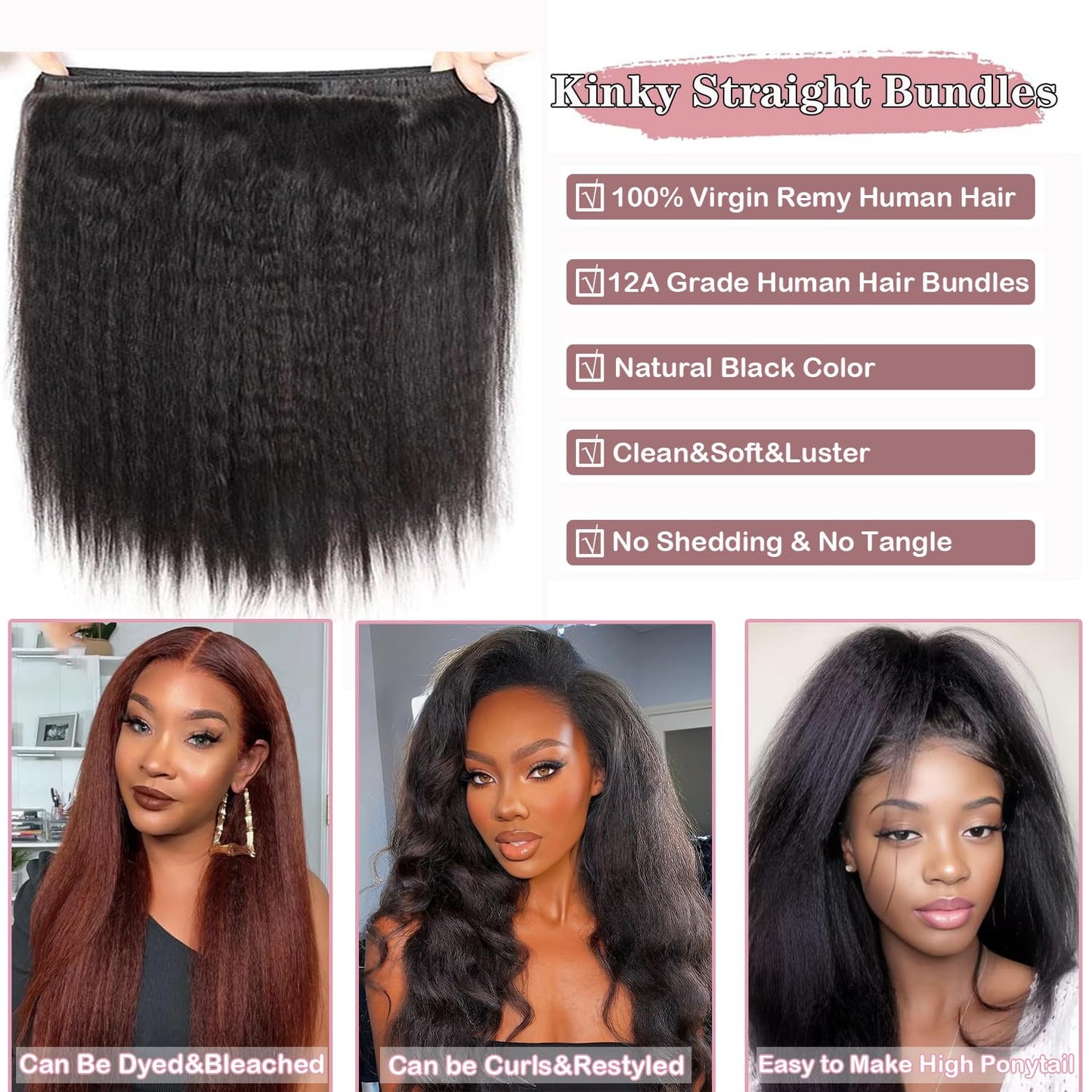 Releek 12A Brazilian Kinky Straight Bundles Human Hair 16 Inch 100% Unprocessed Yaki Straight Human Hair Single Bundle Quick Weave Hair Kinkycurly 1 Bundle Thick Remy Virgin Hair Extensions