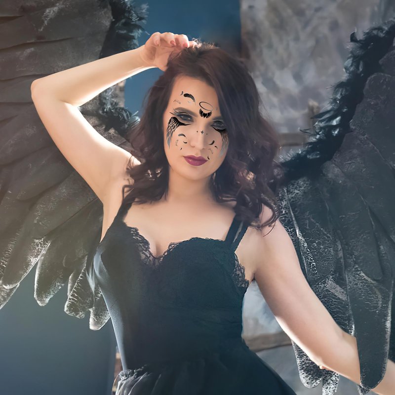HOWAF 4 Sheets Halloween Angel Face Tattoos Angel Wing Full Face Temporary Tattoos for Hallows' Eve Angels Costumes Accessories, Black and White Fallen Angels Tattoo Stickers
