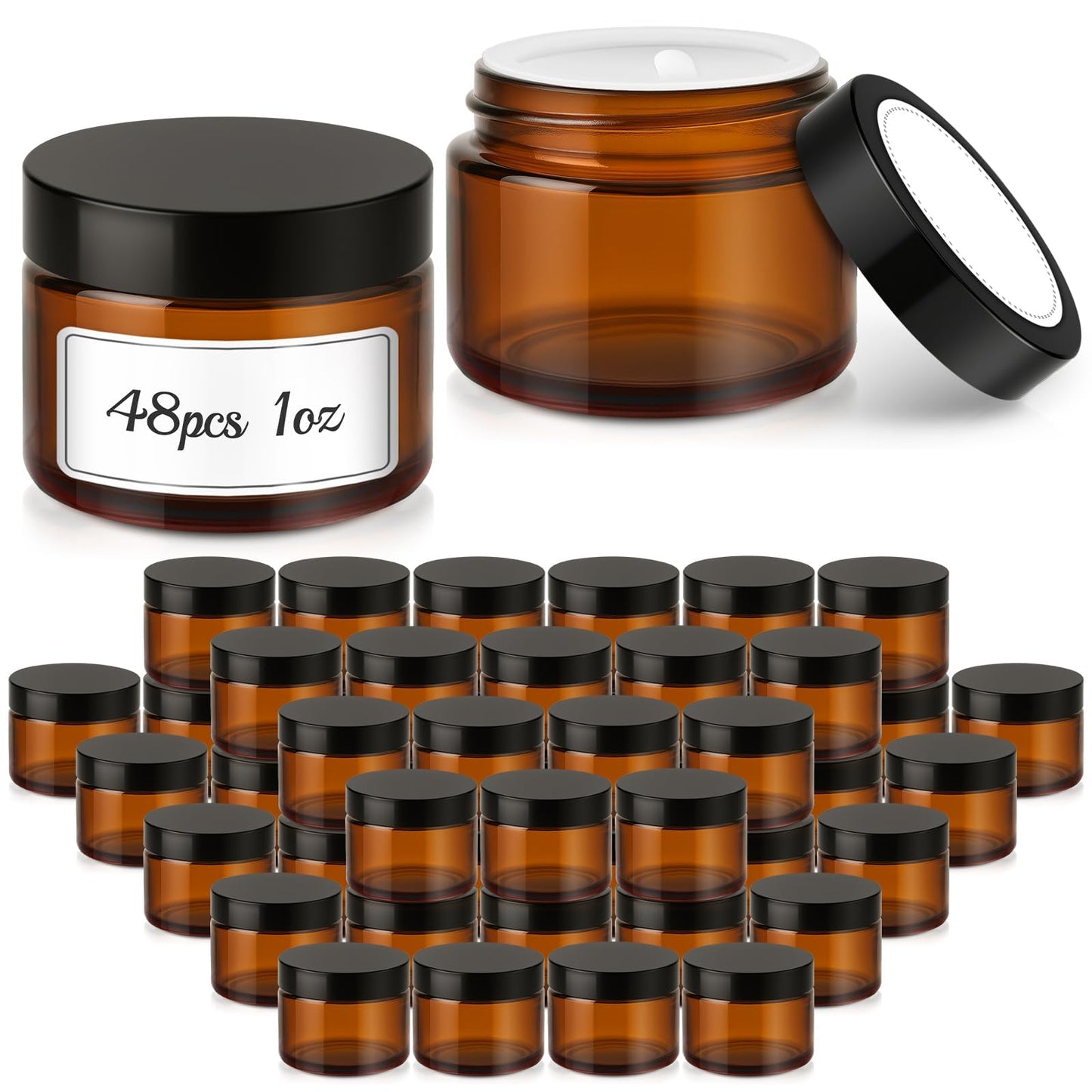 1 oz Glass Jars with Lids, Bumobum 48 pack Amber Cream Jars with Black Lids, Black and White Labels & Inner Liners, Empty Cosmetic Containers for Homemade Balms, Lotion, Salve, Ointment, Body Scrub