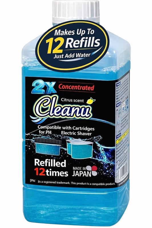 Cleanu (クリンニュ) 2X Concentrated Shaver Cleaning Solution Refill Compatible with Philips Norelco SmartClean & Quick Clean Pod Systems – Makes Up to 12 Cartridge Refills, 1L (33.8 oz), Made in Japan