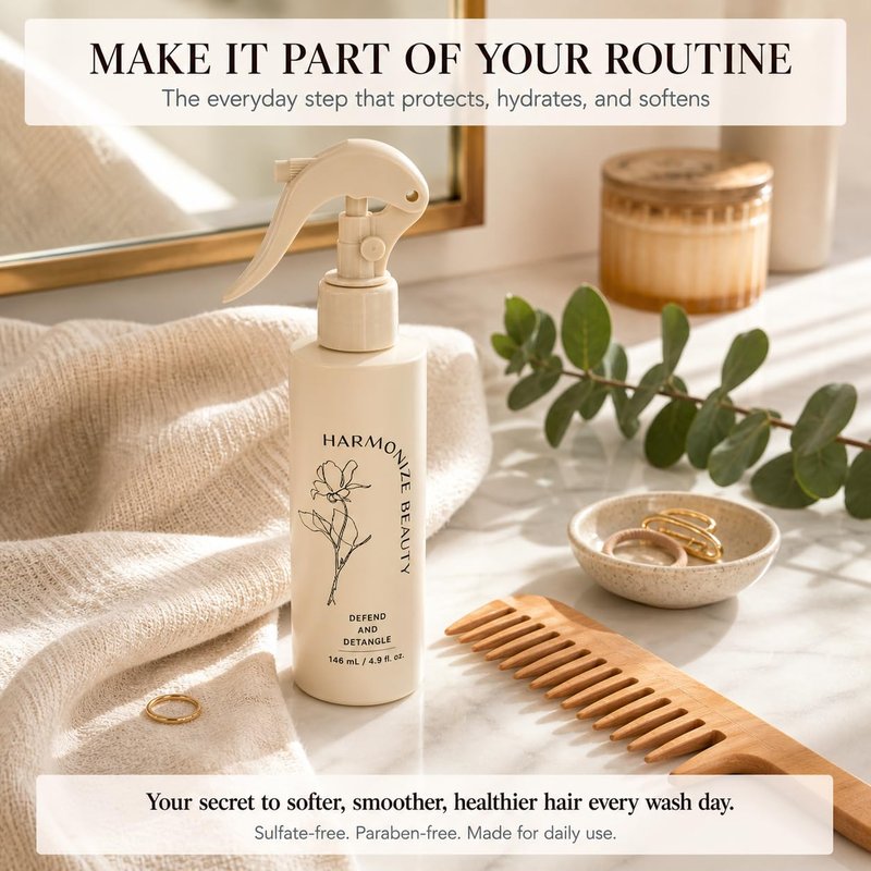 Harmonize Beauty Leave-In Conditioner - 3-in-1 Detangler & Heat Protectant Spray - Sulfate-Free - Lightweight for All Hair Types - Frizz Control - Protects & Hydrates without Buildup - 4.9 fl oz