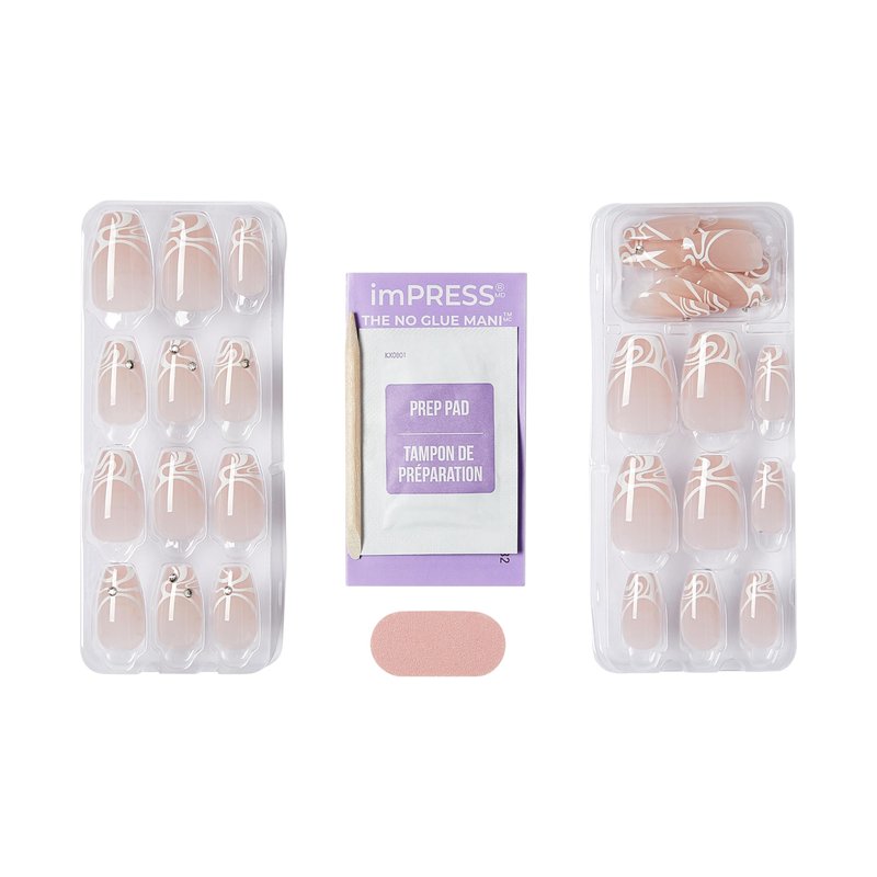 KISS imPRESS No Glue Mani 30 Pcs Press On Nails, Easy Apply, Hassel-Free Removal, Simple Peel & Press, Essential Tools Included, Prep Pad, Instructions Sheet, 1 Manicure Stick, 1 Mini File (Ace)