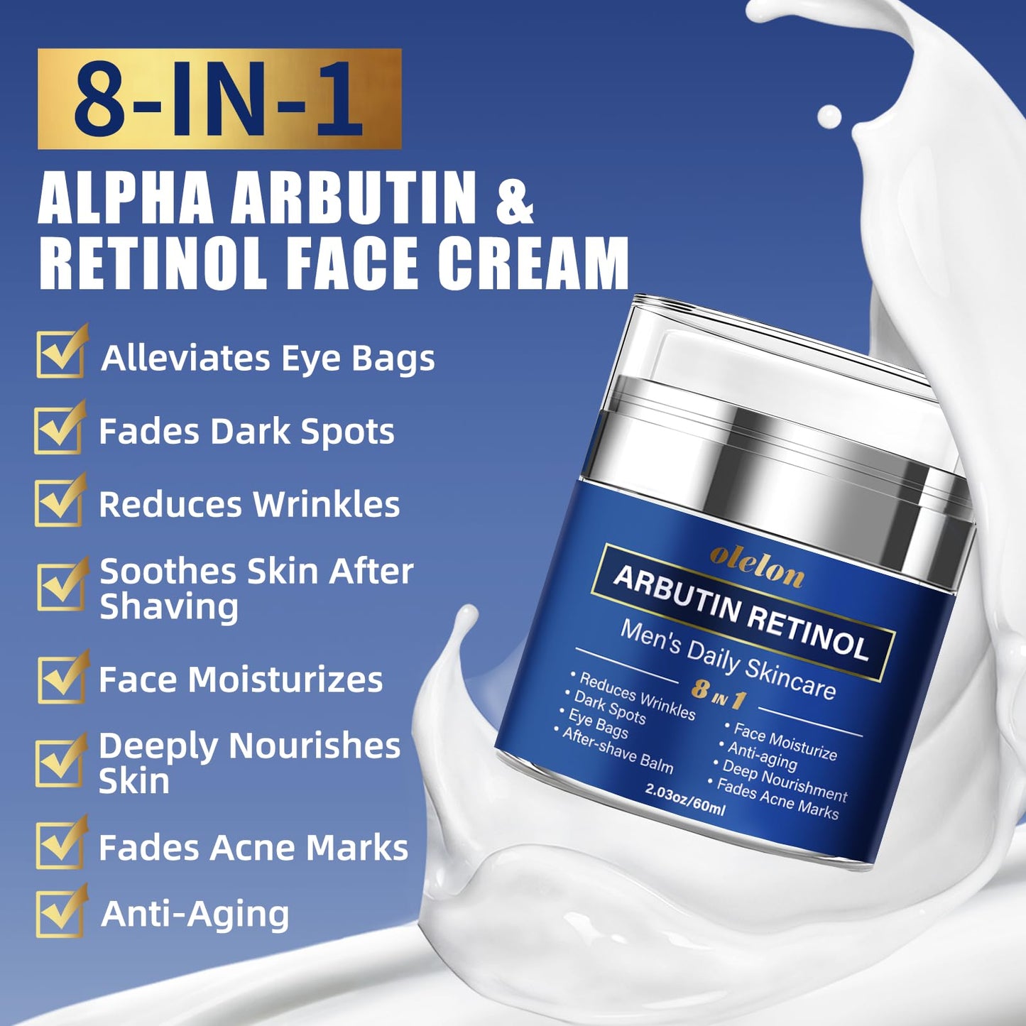 8-in-1 Face Cream for Men, mens face moisturizer with Alpha Arbutin, Retinol, Collagen and Hyaluronic Acid, Anti-Aging Face Cream for Men, Eye Bags Treatment & Wrinkle Cream 2.03oz