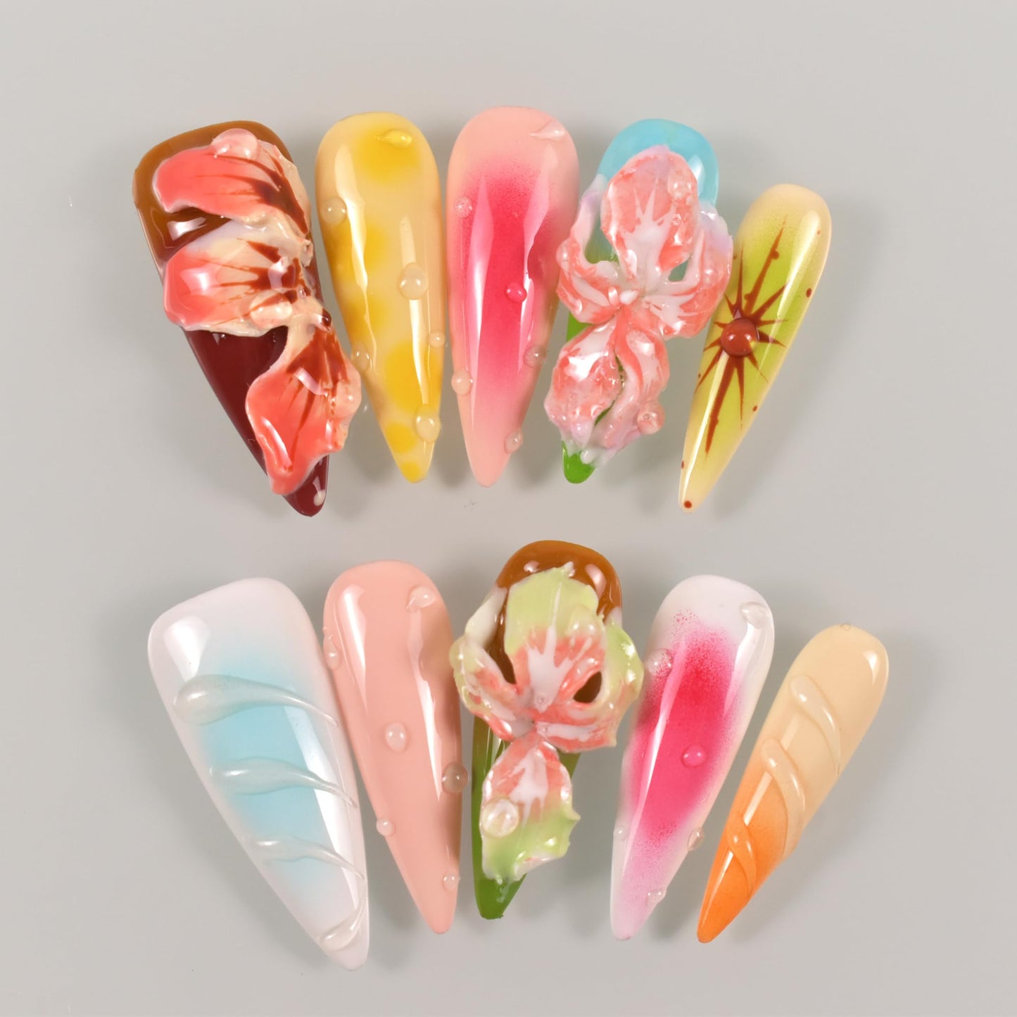 LIFOOST Manual Press on Nails 10Pcs with Hand Carved Flower Petals Long Almond Handmade Nails for DIY Manicure Decorations, Size Medium