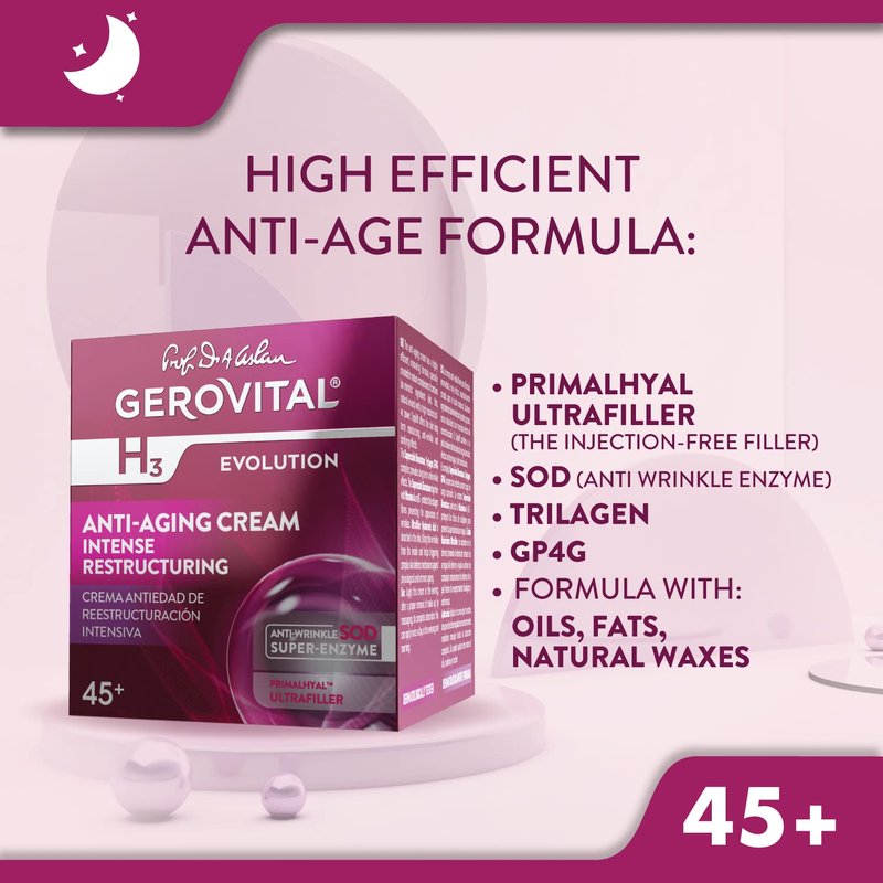 Gerovital EVOLUTION Anti-Aging Cream Intense Restructuring With Superoxide Dismutase SOD (The Anti-Aging Super Enzyme), Anti-Wrinkle Effect, Regenerates and Nourishes During the Night, 50 ml