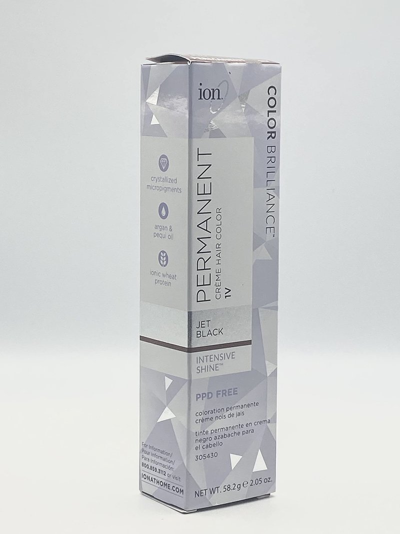 ion Permanent Creme Hair Color 1V Jet Black, Vegan, Cruelty Free, PPD Free, 100% Gray Coverage, Long Lasting, Fade Resistant Color, 2.05 oz