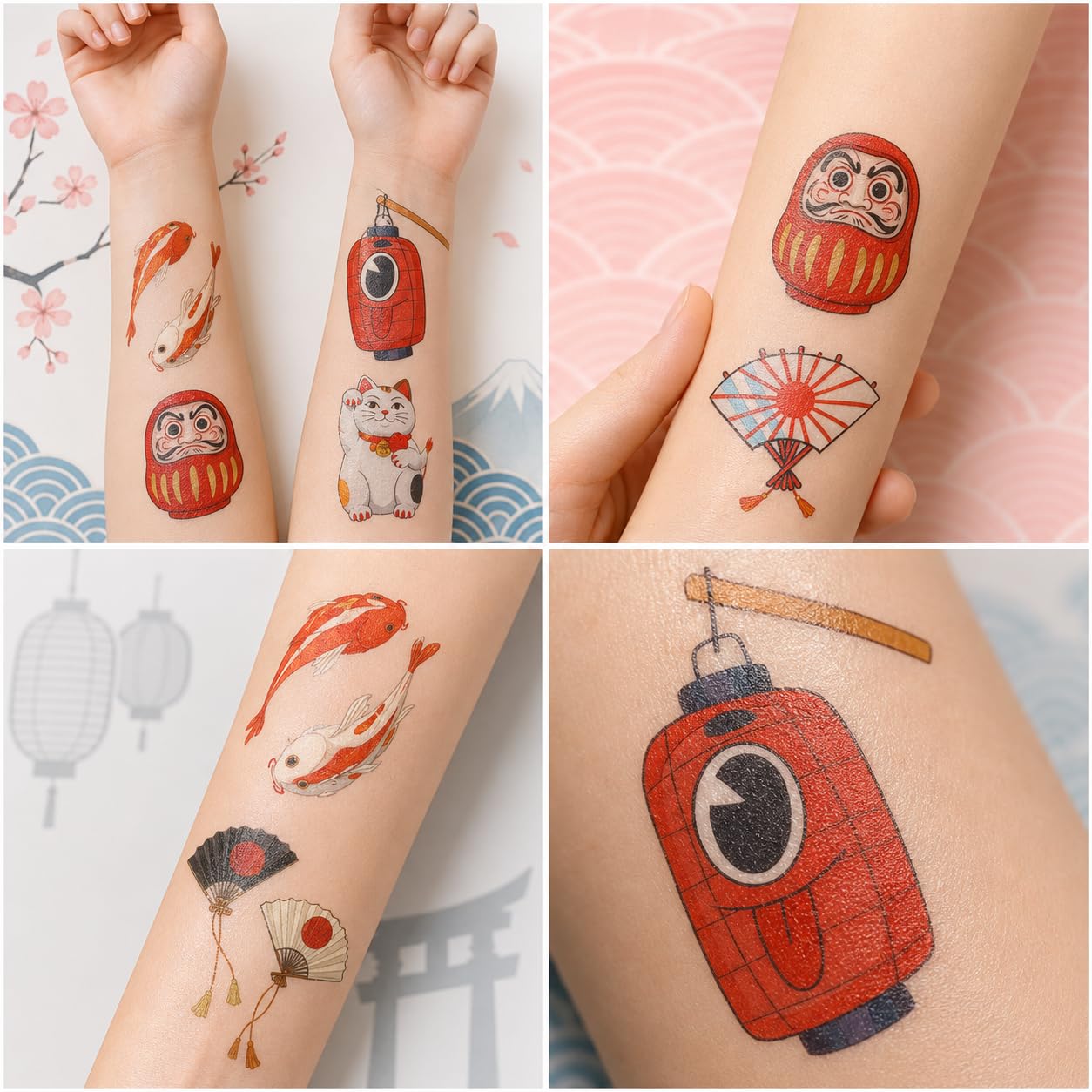 96PCS Japanese Temporary Tattoos Pre-Cut Themed Japan Birthday Party Decorations Decor Supplies Favors Sushi Lattern Tattoo Stickers Gifts For Boys Girls Kids School Prizes Carnival