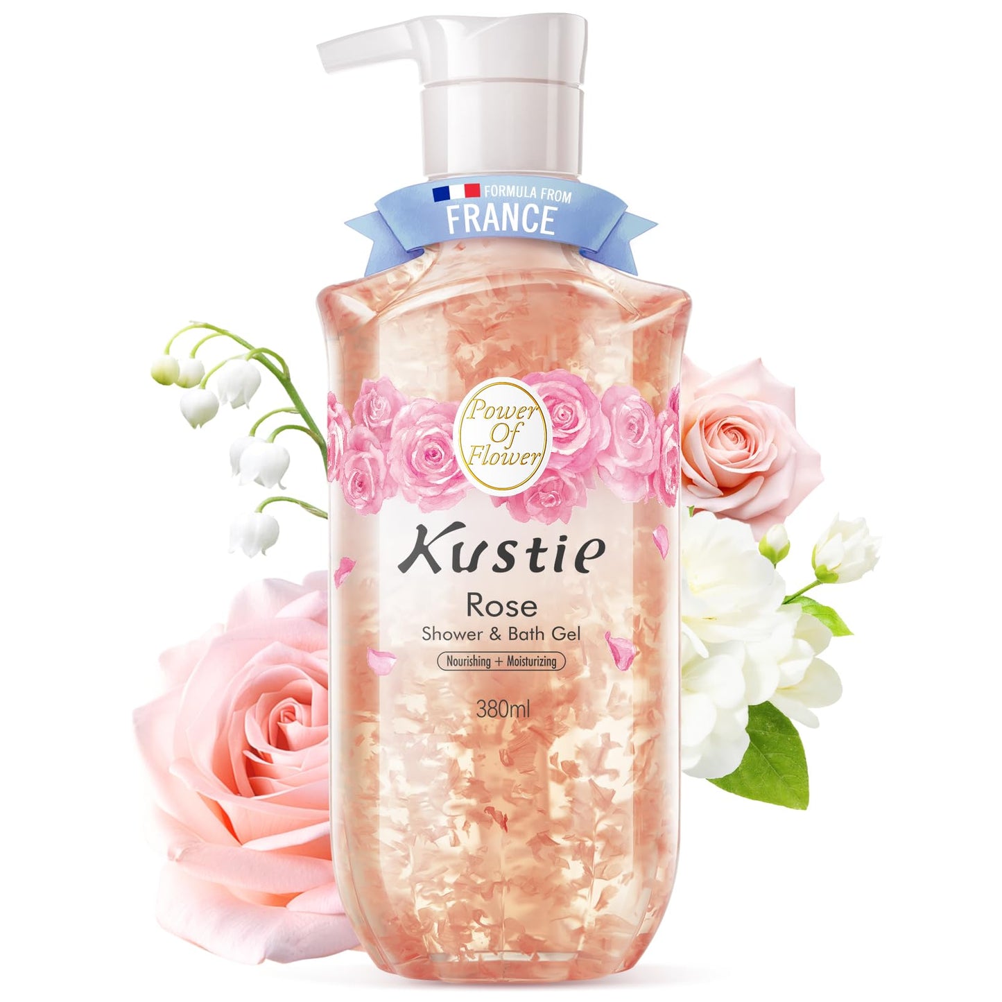 Kustie Rose Floral Body Wash with Real Petals – Botanical Shower Gel with Rose Water & Rose Oil, Luxury Spa Gentle Cleanser for Soft Silky Skin, 12.8 fl oz