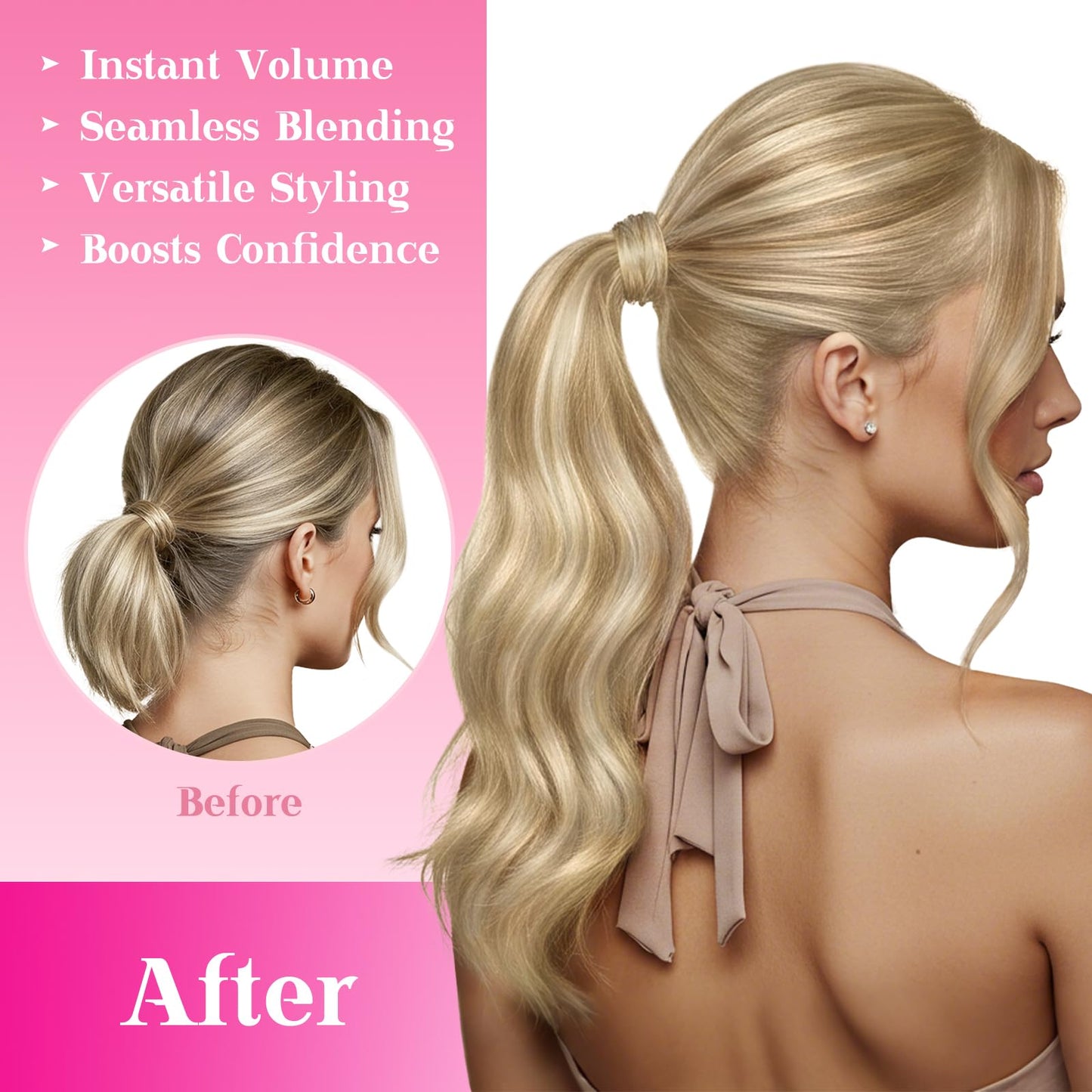 Ve Sunny Blonde Ponytail Extension Human Hair 80g Wrap Around Clip in Ponytail Hair Extensions Straight Dark Blonde Highlights Golden Blonde Remy Hair Extensions Real Human Hair for Women 14 Inch