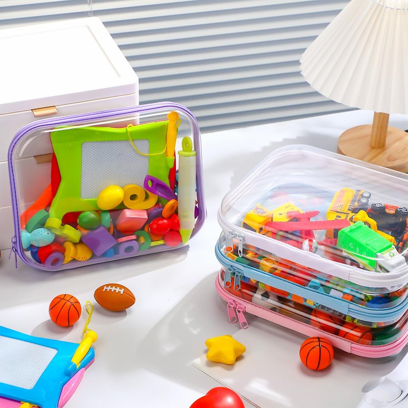 Hoolerry 4 Pcs Hard Clear Zipper Case Makeup Bags Plastic Zipper Pouch Transparent Storage Box Containers for Cosmetics, Snacks, Building Blocks, Puzzles(Clear,9.8 x 7.9 x 2 in,Multicolor)