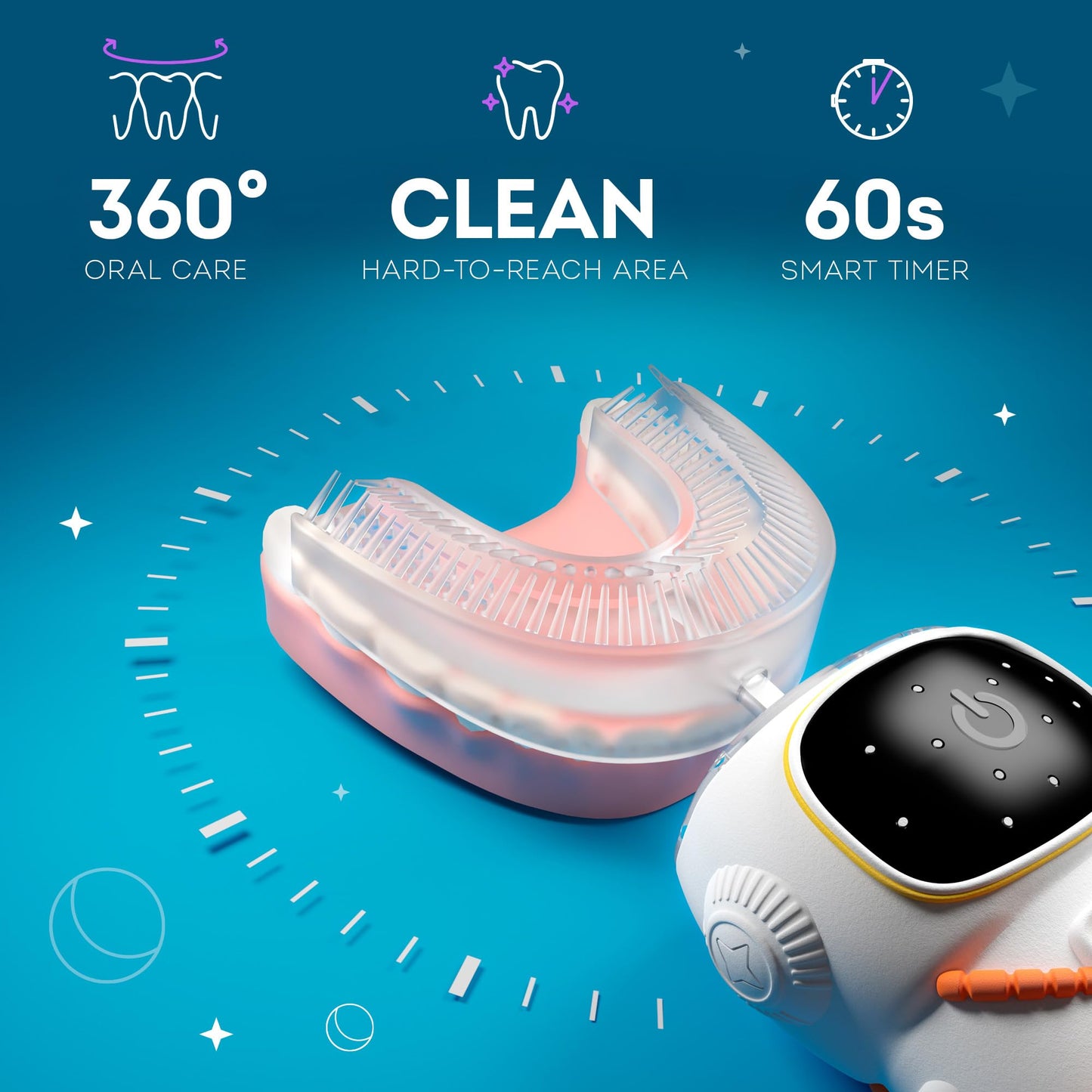 Sensory 360 Round U-Shaped Astronaut Design Mouthguard Electric Toothbrush for Kids Ages 2-7 - Automatic Memory Function - 5 Modes Toothbrush with Multiple Heads – Kids Travel Essentials (White)