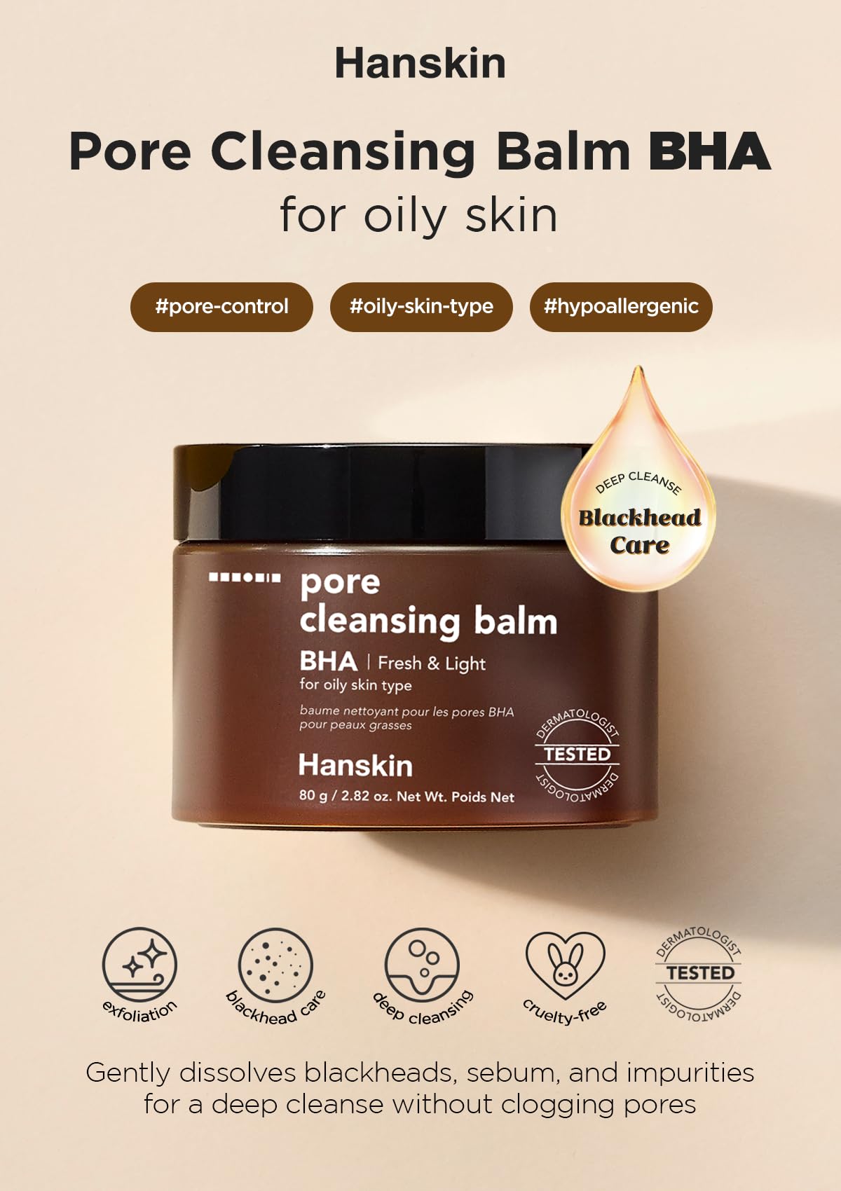 Hanskin BHA Pore Cleansing Balm – Korean Melting Balm Cleanser, Gentle Makeup Remover for Oily & Combination Skin | Solid-to-Oil Cleanser with BHA & Nourishing Oils | K-Beauty | 2.82 oz