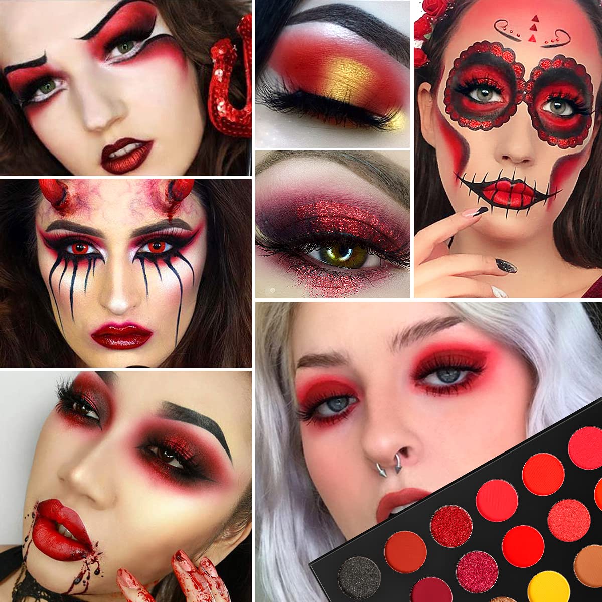 Afflano Black Red Eyeshadow Palette Smokey Eyes Makeup, Highly Pigmented True Red Eye Shadow + Blendable Dark Grey Silver Makeup Palette 2 Pcs., for Halloween SFX Vampire Special Effects Clown Makeup