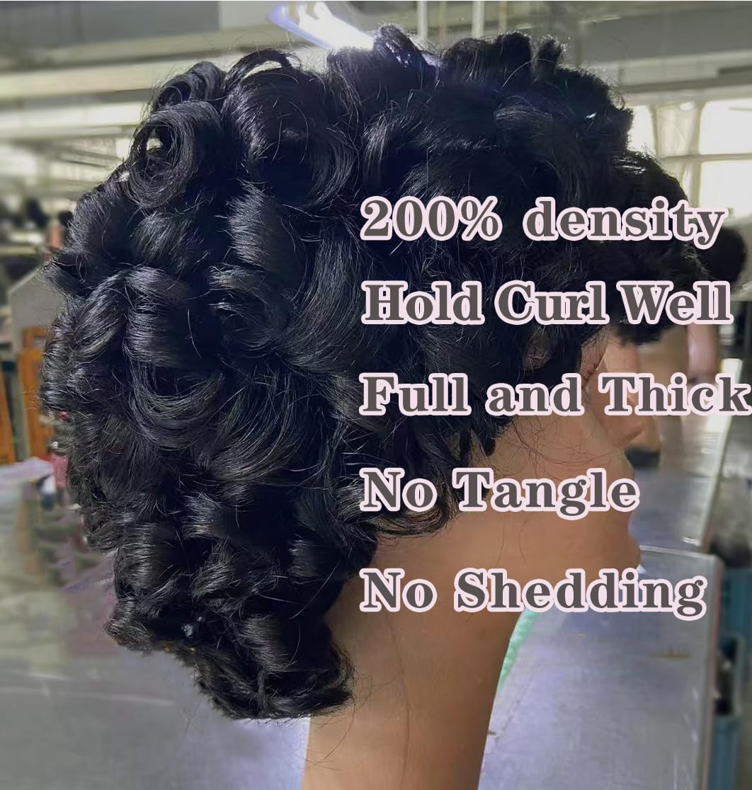 PECWU Short Curly Wigs With Bangs 100 percent Human Hair for Black Women Glueless Pelucas De Mujer Pelo Humano Funmi Curly Bob Human Hair Wig Natural Loose Wig Afro Curly Wig Bouncy Wig 10"