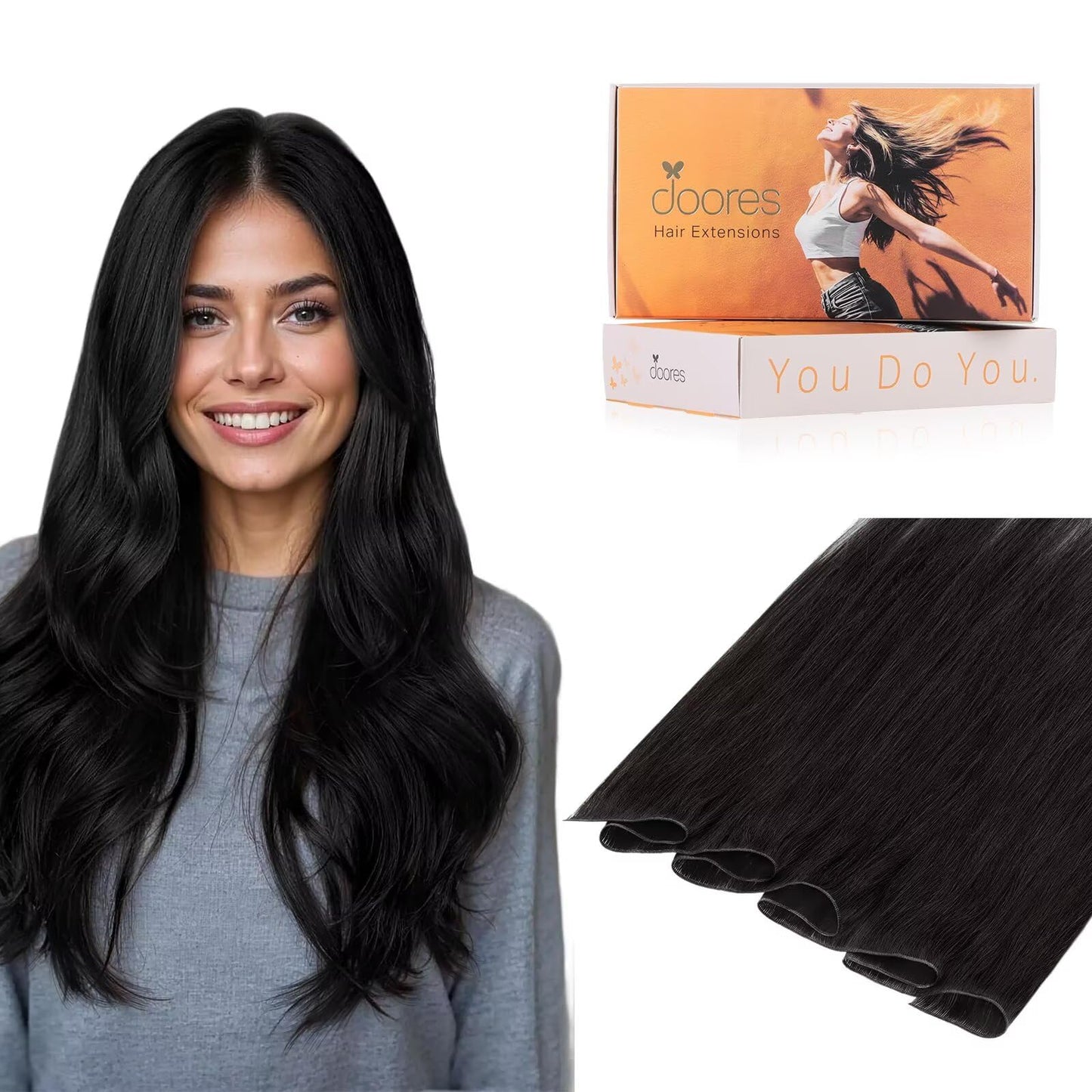 DOORES Genius Sew in Hair Extensions Virgin Hair Bundles, 18 Inch Natural Black 50g, Natural Sew in Weft Extensions