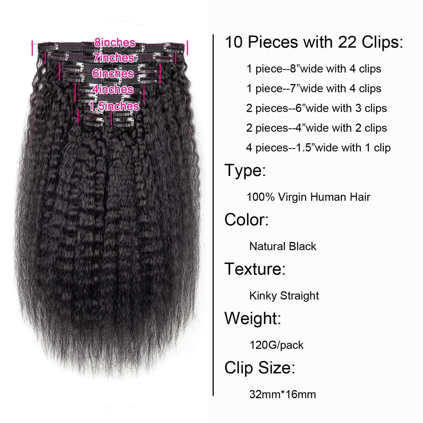 VKHAIR Kinky Curly Straight Clip in Hair Extensions for Black Women Human Hair Clip In Extensions12 Inch 10Pcs 120g Natural Black Full Head Unprocessed Remy Human Hair (Natural Black, 12 Inch)
