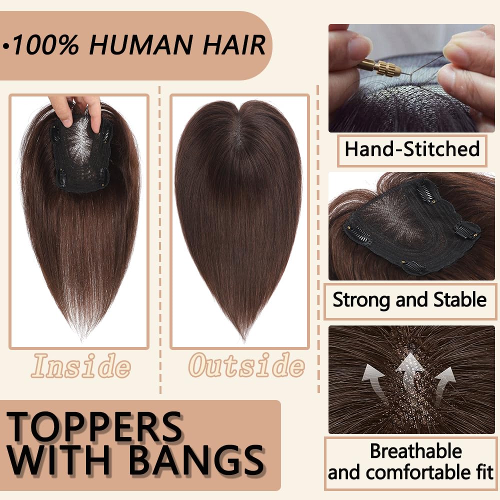 HVVZOY Hair Toppers for Women Real Human Hair, 360° 3D Real Human Hair Toppers for Women with Thinning Hair Clip in Bangs Big Coverage 12 Inch Hairpieces (1B, 3D Wispy Bangs)
