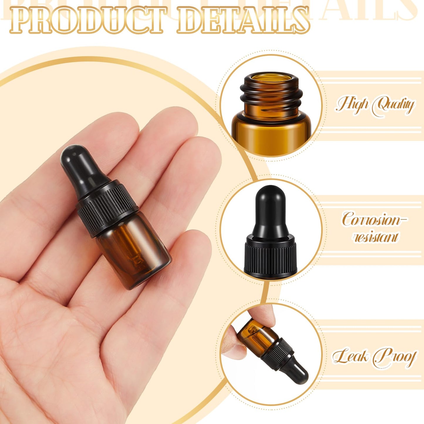 Didaey 200 Pcs 2 ml Mini Glass Oil Dropper Bottle Bulk, Clear Essential Small Empty Bottles Sample Containers Perfume Liquid Vials with Cap for Traveling (Amber)