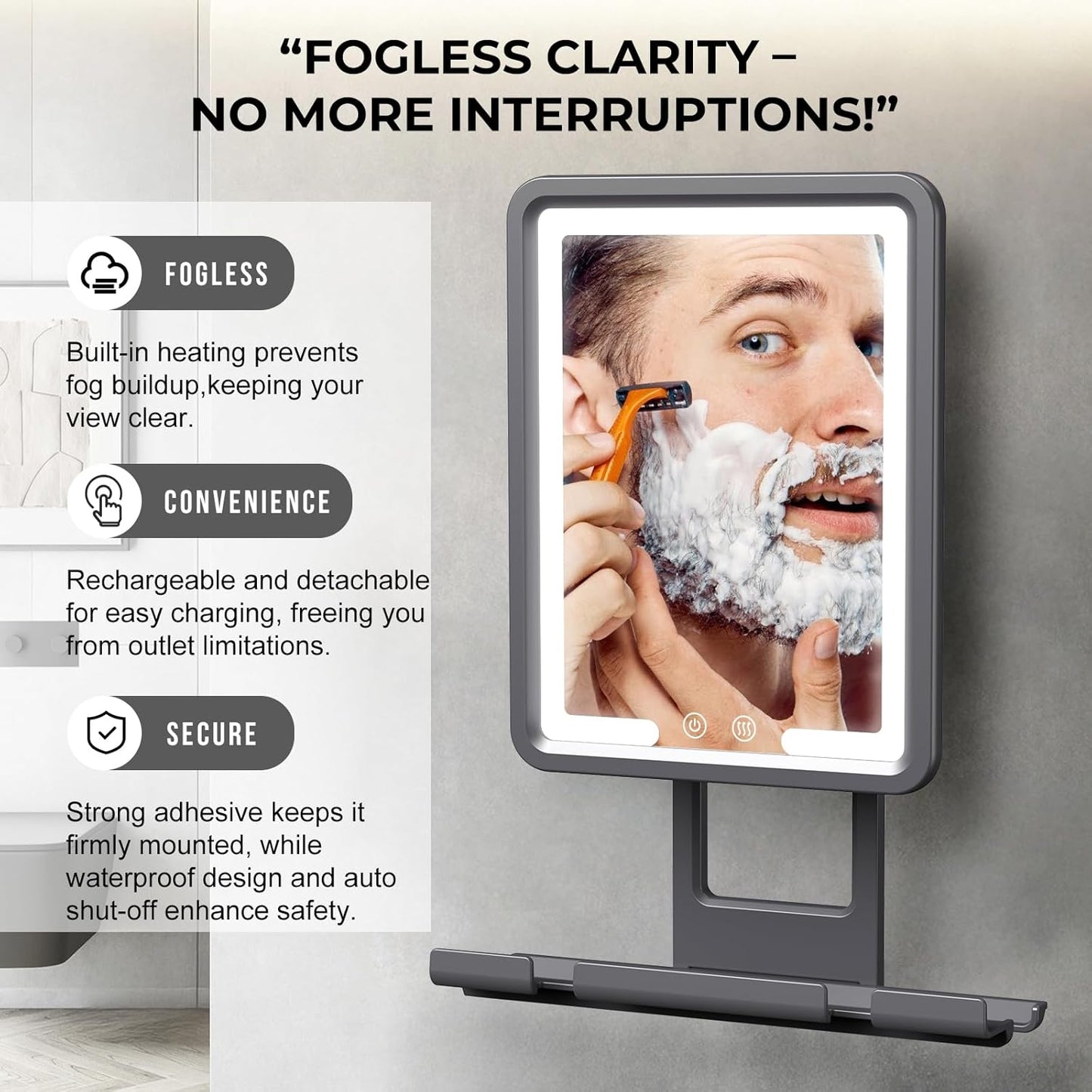 Fogless Shower Mirror for Shaving - Dimmable LED Lighting, Anti-Fog Heating, 360° Rotation | Black with Large Storage Shelf
