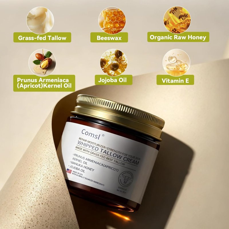 Whipped Tallow Honey Cream - Moisturizer for Dry, Sensitive Skin | 4oz Unscented, Eczema & Rosacea Relief