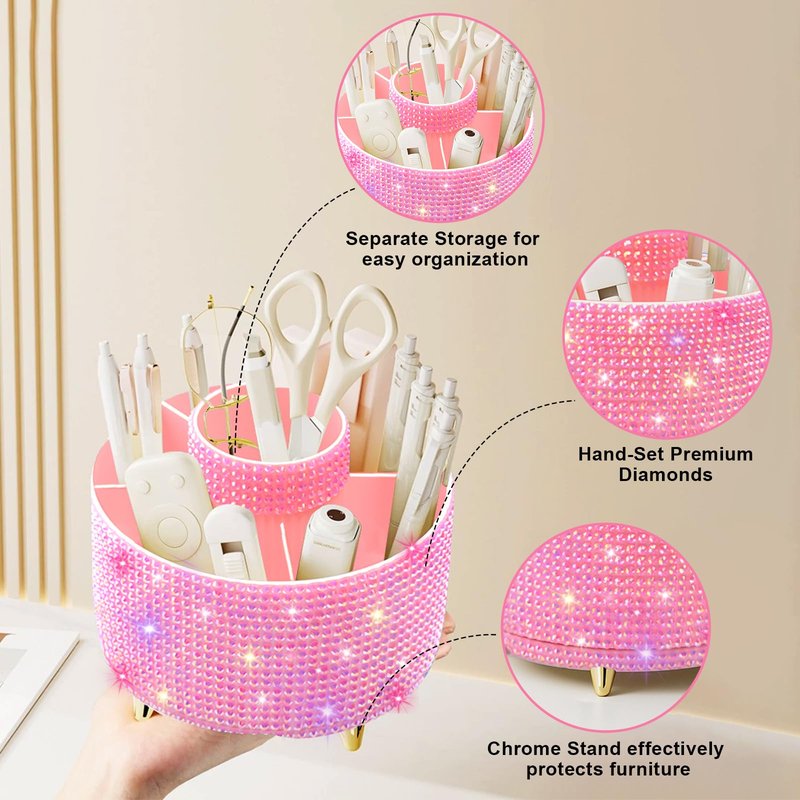 Diesisa Bling Diamond 360° Makeup Brush Holder Organizer, Rotating Makeup Brush Organizer,5 Slot Make up Brushes Cup for Cosmetics, Vanity Desktop Organizer, Gift for Women Teen Girls- Diamond Pink