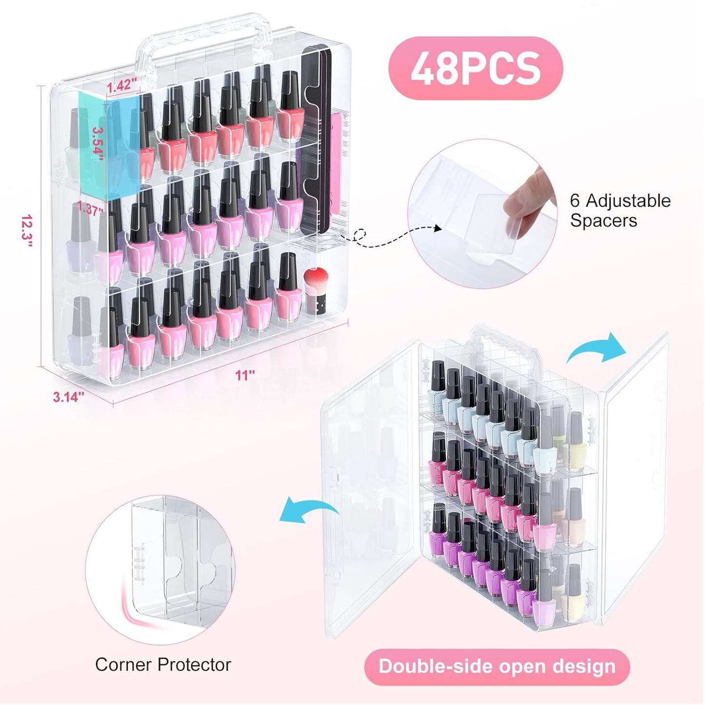 Portable Nail Polish Organizer - 48 Bottle Clear Holder with Adjustable Divider | Double-Sided Storage Case for Nail Techs