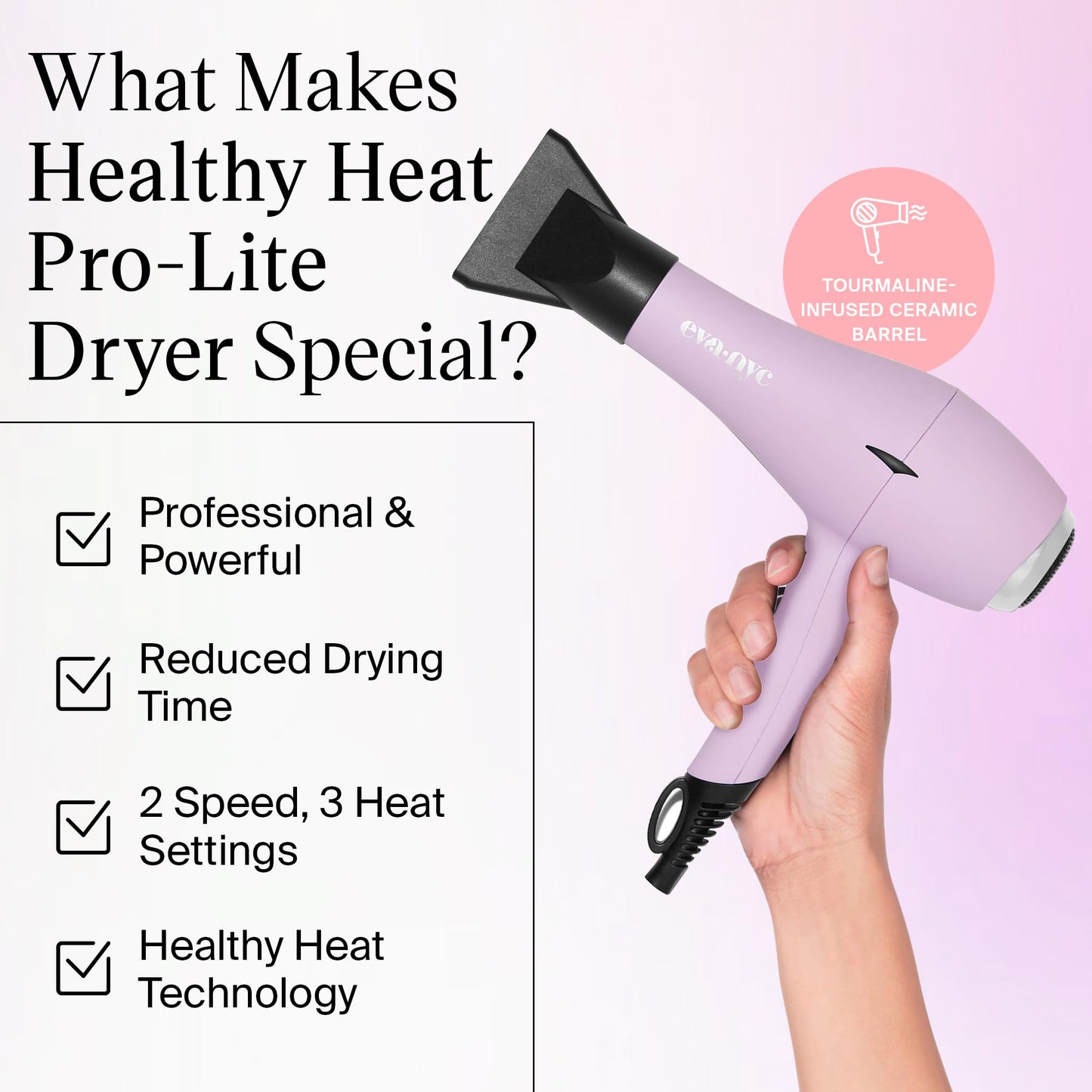 Eva NYC Healthy Heat Pro-Lite Dryer, Styling Hair Dryer, Lightweight Blow Dryer w/Far-Infrared, 2-Speed & 3-Heat Blowdryers for Hair, Hair Dryer with Diffuser & Concentrator, Lavender