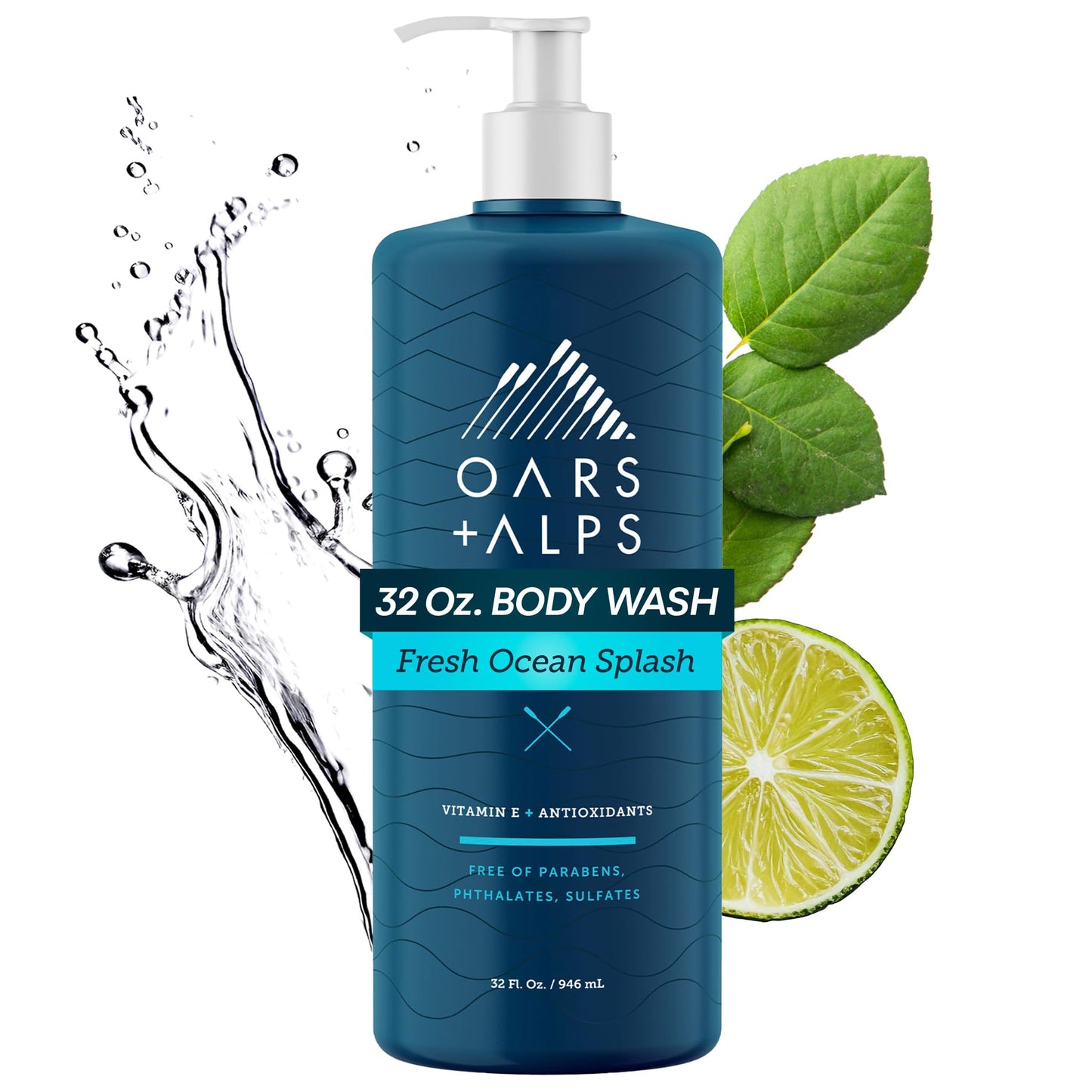 Oars + Alps Body Wash for Men, Mens Body Wash & Face Cleanser with Vitamin E & Antioxidants, Moisturizing, Paraben & Sulfate Free Cleanser, Fresh Ocean Splash, 32oz