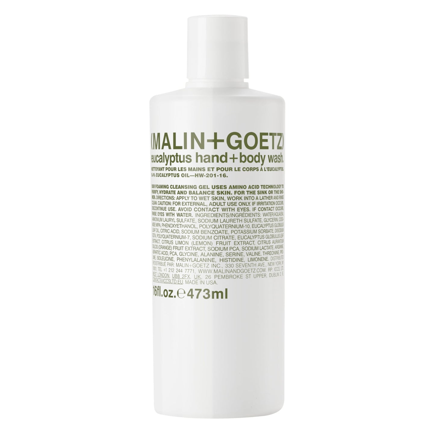MALIN+GOETZ Hand + Body Wash | Gentle Foaming Cleanser with Botanical Extracts and Amino Acids | Hydrating, pH-Balanced, Unisex Scent | Vegan & Cruelty-Free (Eucalyptus, 16 Fl Oz)