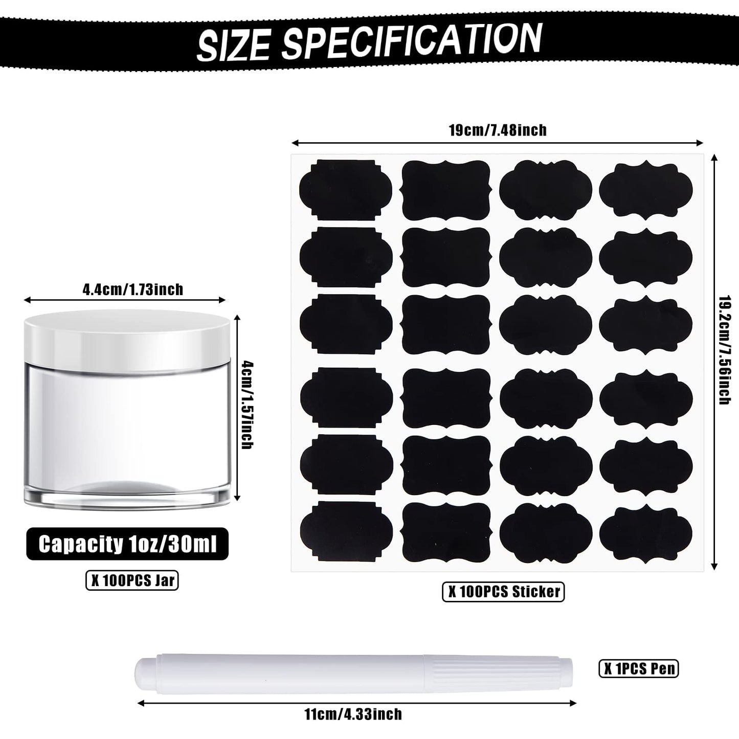 100 Set Plastic Jars Makeup Travel Makeup Container with Lids Small Storage Containers for Creams Toiletries Chalkboard Label Stickers Marker(1 oz,Black)