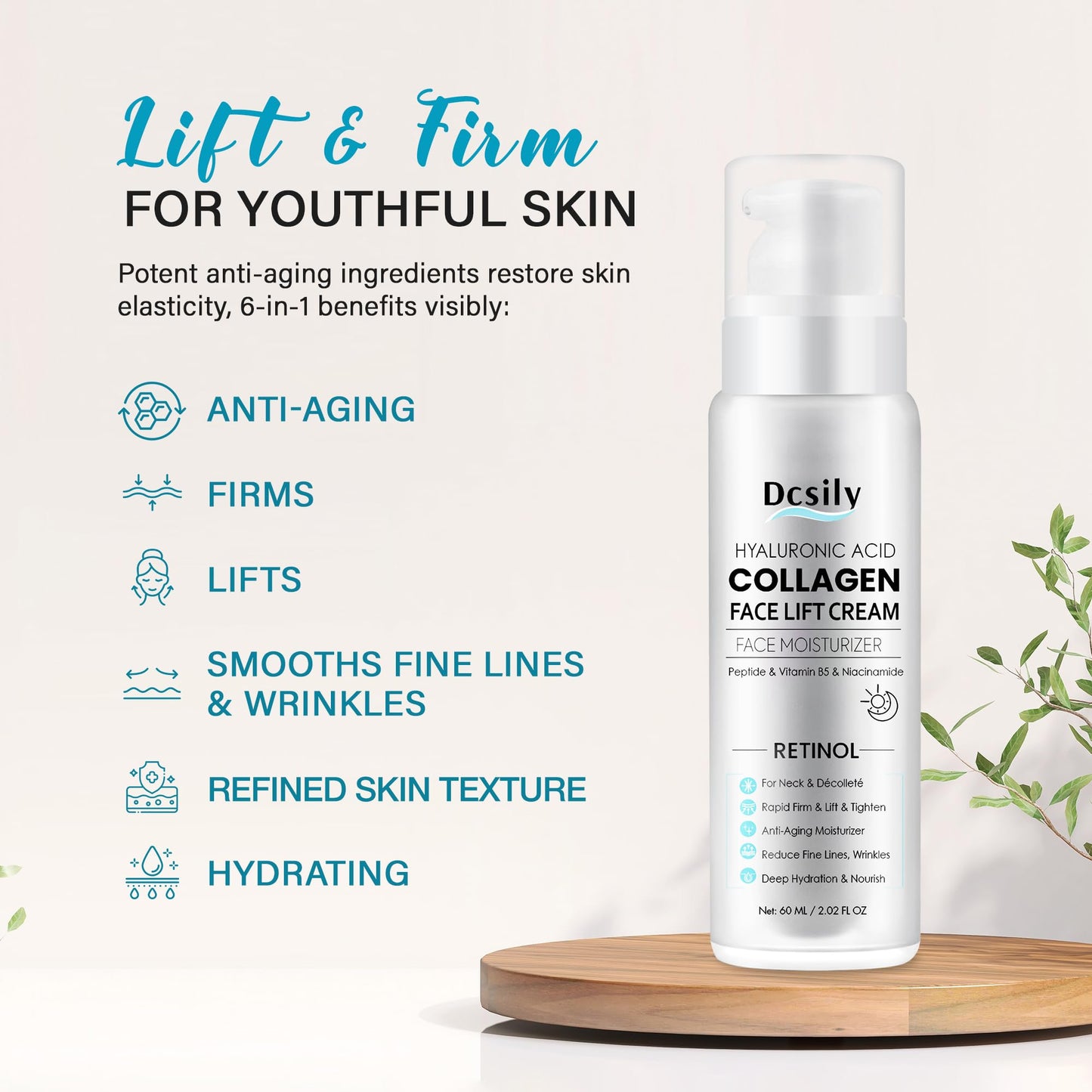Tighten and Lift Neck Cream: Instant Face Lift Cream - 6-in-1 Anti-Aging Face Moisturizer for Anti-Wrinkle, Firm - Collagen, Retinol, Peptides & Hyaluronic Acid Neck Firming Cream for Skin Care