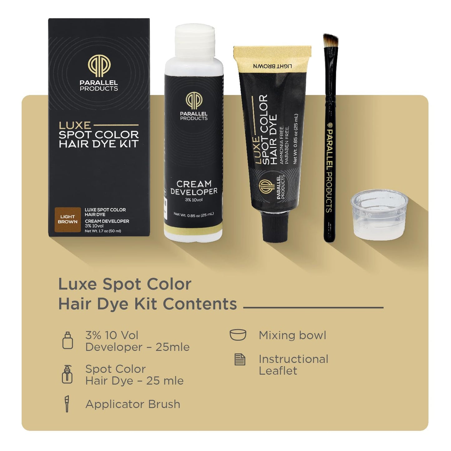 Parallel Products - Luxe Color (Light Brown) - Cream Hair Dye - 25mL - Tint for Professional Spot Coloring - With Cream Developer, Mixing Dish and Application Brush - Covers Grey Hair - Root Touch Up