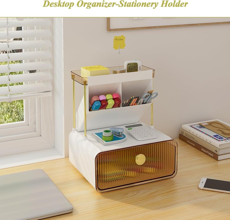 3 Tiers Makeup Organizer - Cosmetic Display with Drawer & Lipstick Holder | Amber Color for Vanity & Bathroom