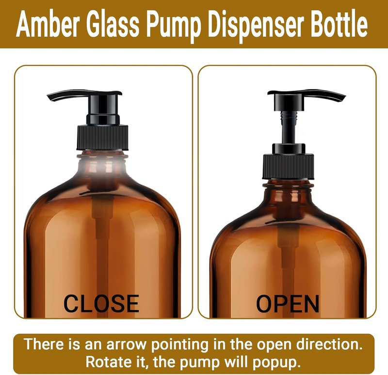 Amber Glass Pump Bottles - 32 oz Dispenser for Shampoo, Lotion & Oils | 4 Pack