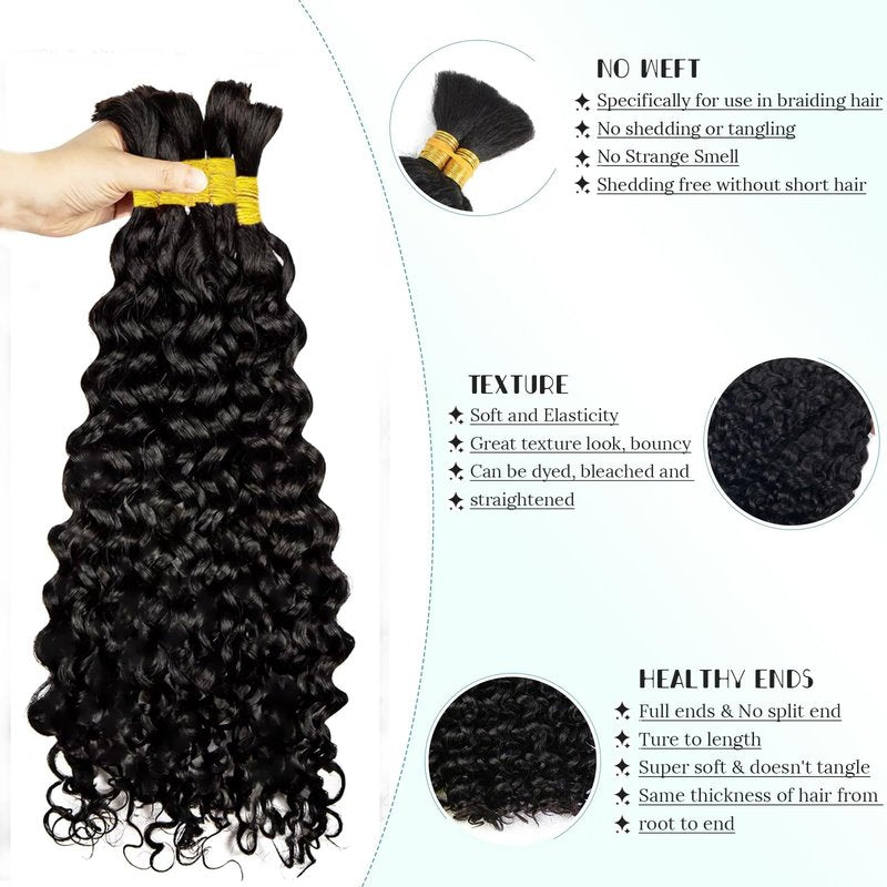 Human Braiding Hair 2 Bundles/Pack 100g Curly Water Wave Human Bulk Hair for Braiding No Weft 18in Brazilian Braiding Hair for Boho Braids Wet and Wavy Braids Extensions