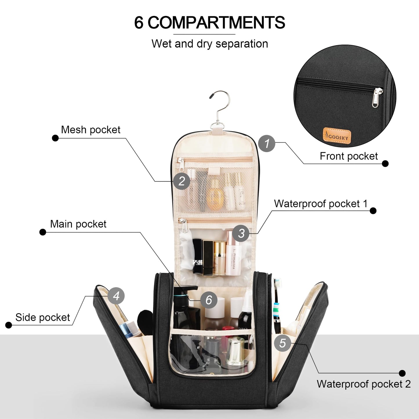 Travel Hanging Toiletry Bag for Women and Men, 6 Organizer Compartments, Holds Full Size Bottles, Extra Large Cosmetic Accessories, Makeup essentials, Bathroom Water-resistant Toiletries Bag, Black