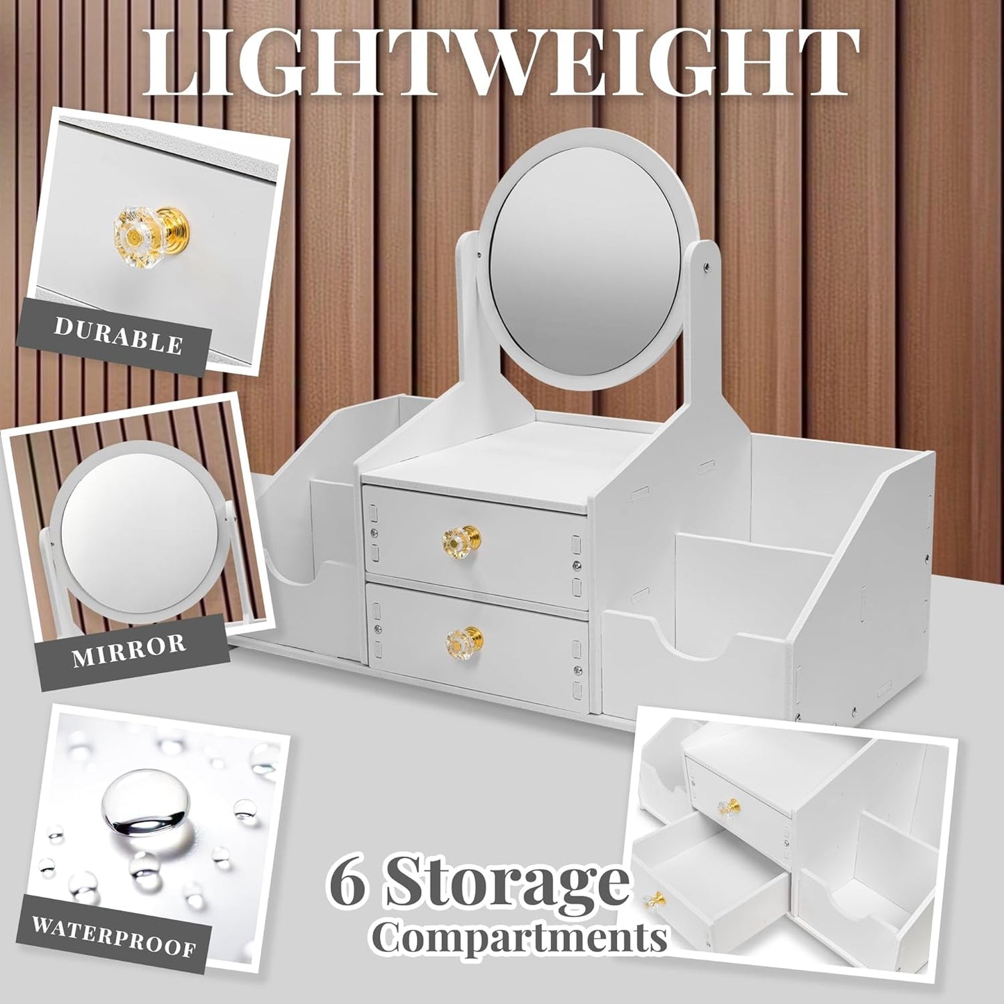 Wooden Makeup Organizer - Elegant Countertop Storage with Mirror & Drawers | Ideal for Brushes & Skincare
