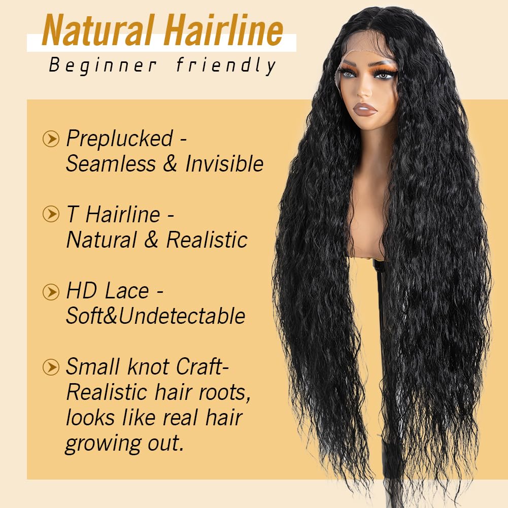 Joedir Hair Super Long Wigs for Women 36 inch Lace Front Wig 5 Inch Middle Parting Synthetic Hair Bohemian Waves (RC1B)