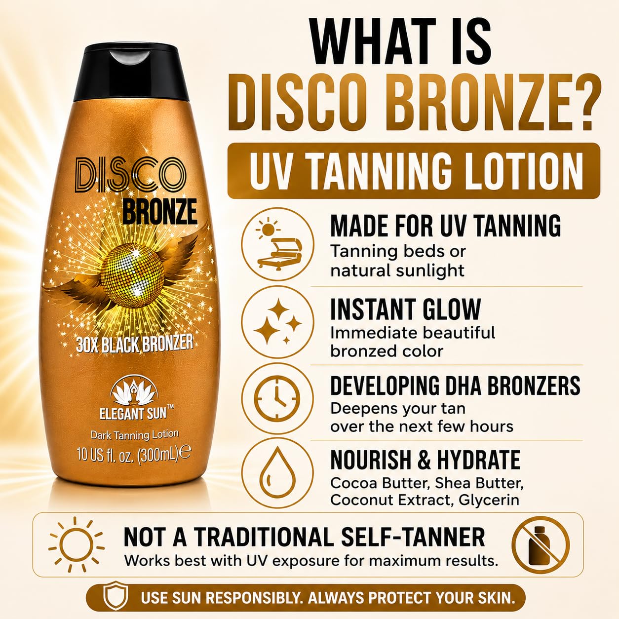 Disco Bronze 30X Black Bronzer Tanning Lotion - Indoor & Outdoor UV Tan Accelerator with DHA, Natural & Cosmetic Bronzers, Proprietary Melanin Boosting Formula, Made in USA for Men & Women – 10 oz